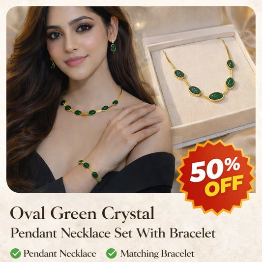 Oval Green Crystal Pendant Necklace Set With Bracelet